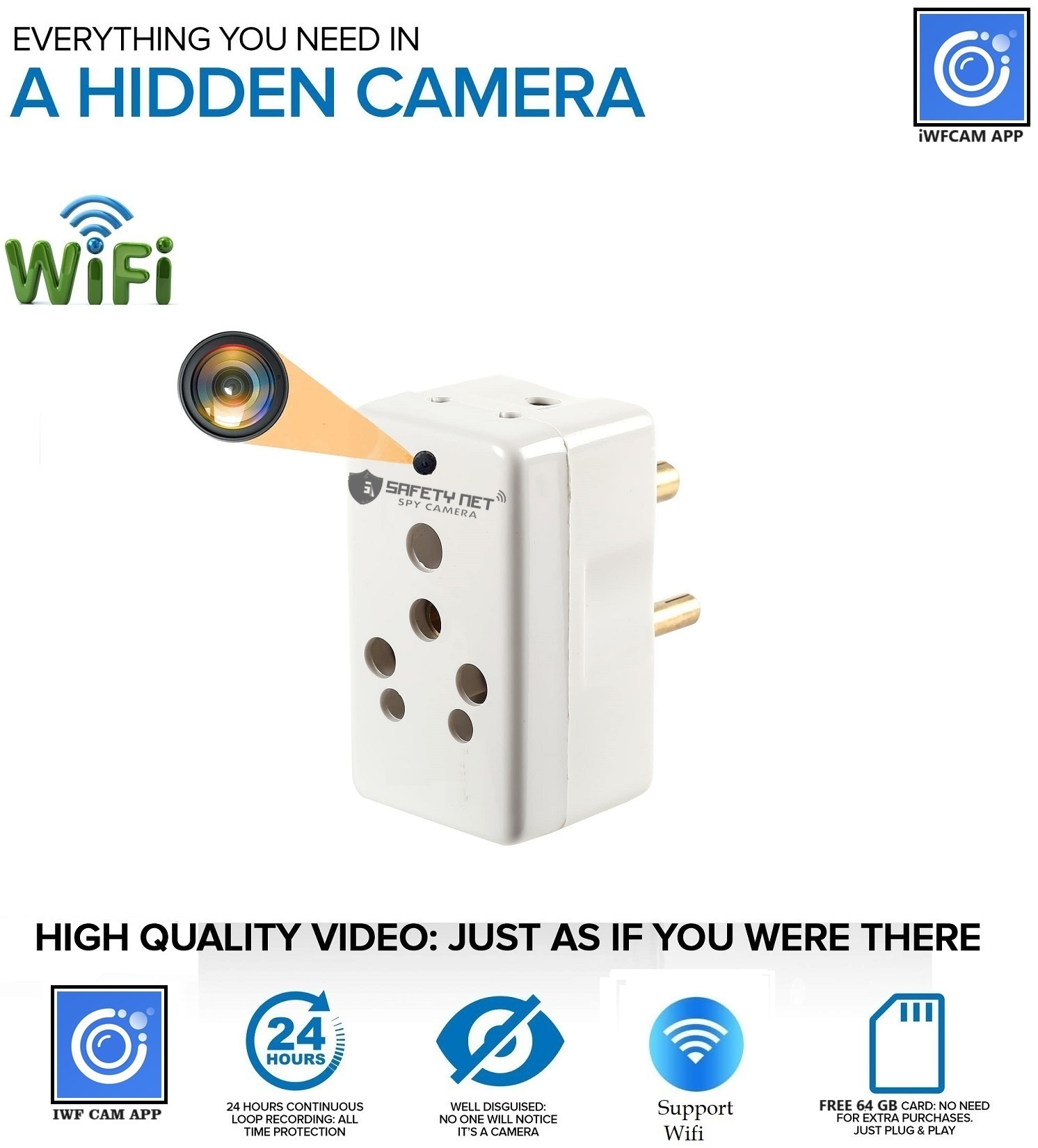 SAFETYNET Hidden Spy Camera WiFi Multi Plug - Hidden Camera with Live Feed WiFi - Indoor Hidden Security Camera - 1080P HD Hidden Nanny Cam - Motion Detection Spy Cam - with 32GB MicroSD Card