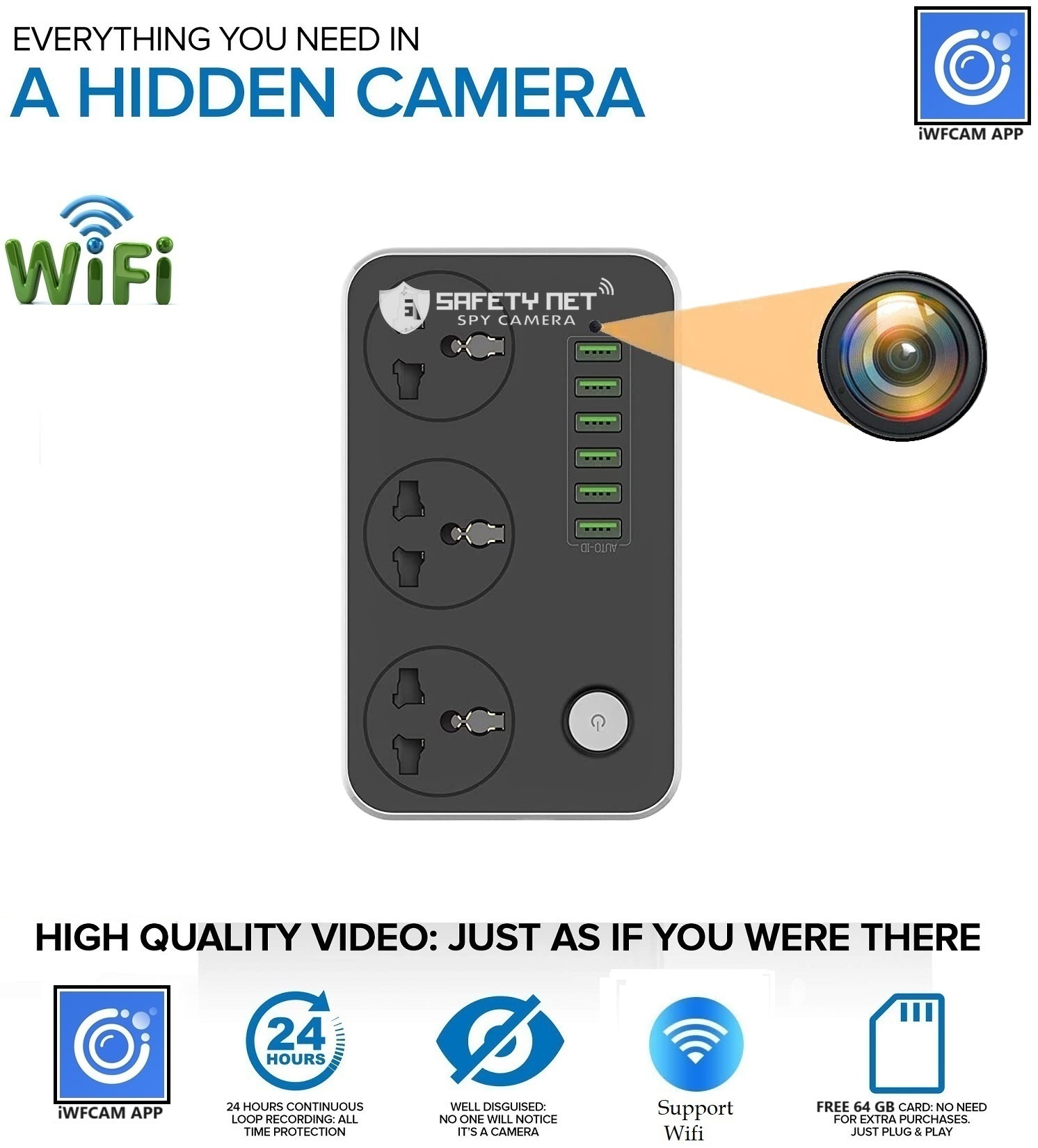 SAFETYNET Spy Camera (4K HD Wireless Hidden 3 Port Switch Board Camera Micro Mini Spy Cam Watch Live 24 Hrs Smallest Wi-Fi Security Cameras Portable Nanny Cam Baby Monitor)