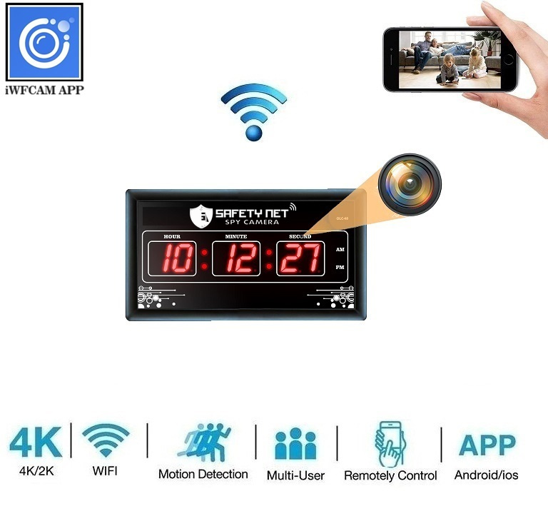SAFETYNET Spy Camera 4K Spy WiFi Digital Wall Clock New Model 1080p HD Audio Video Recording Watch Live 24 Hours Surveillance Security Camera for Home Office Nanny Hidden Wireless Camera 64GB Supported.